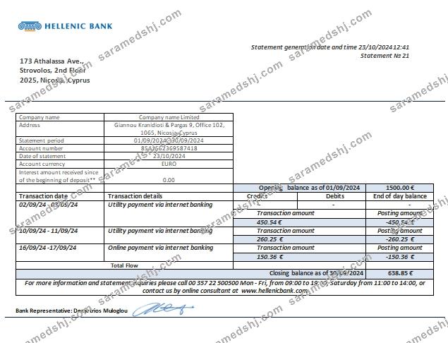 Cyprus Hellenic bank business bank statement scr